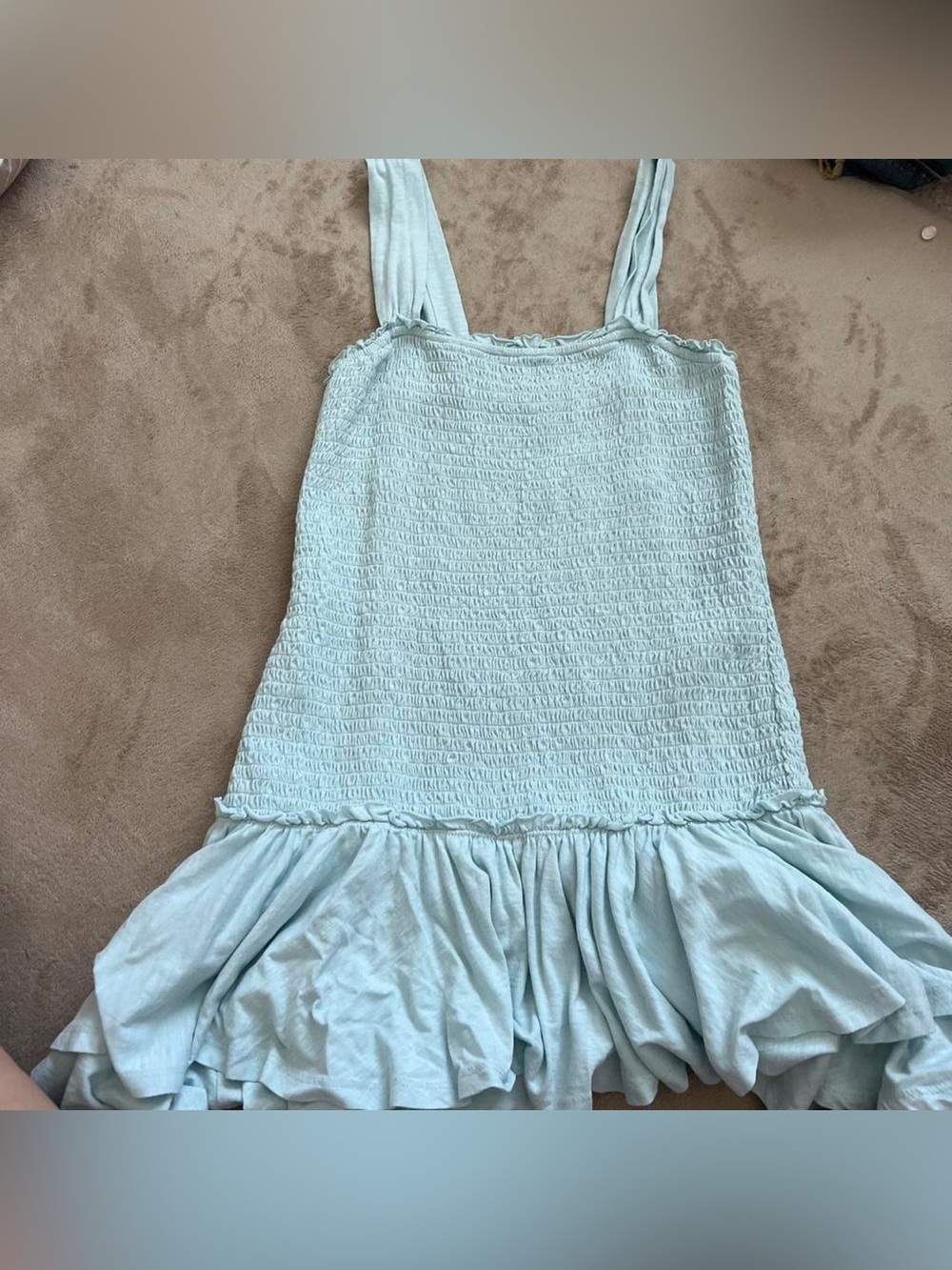 Light Blue Smocked Midi Dress with Ruffle Hem